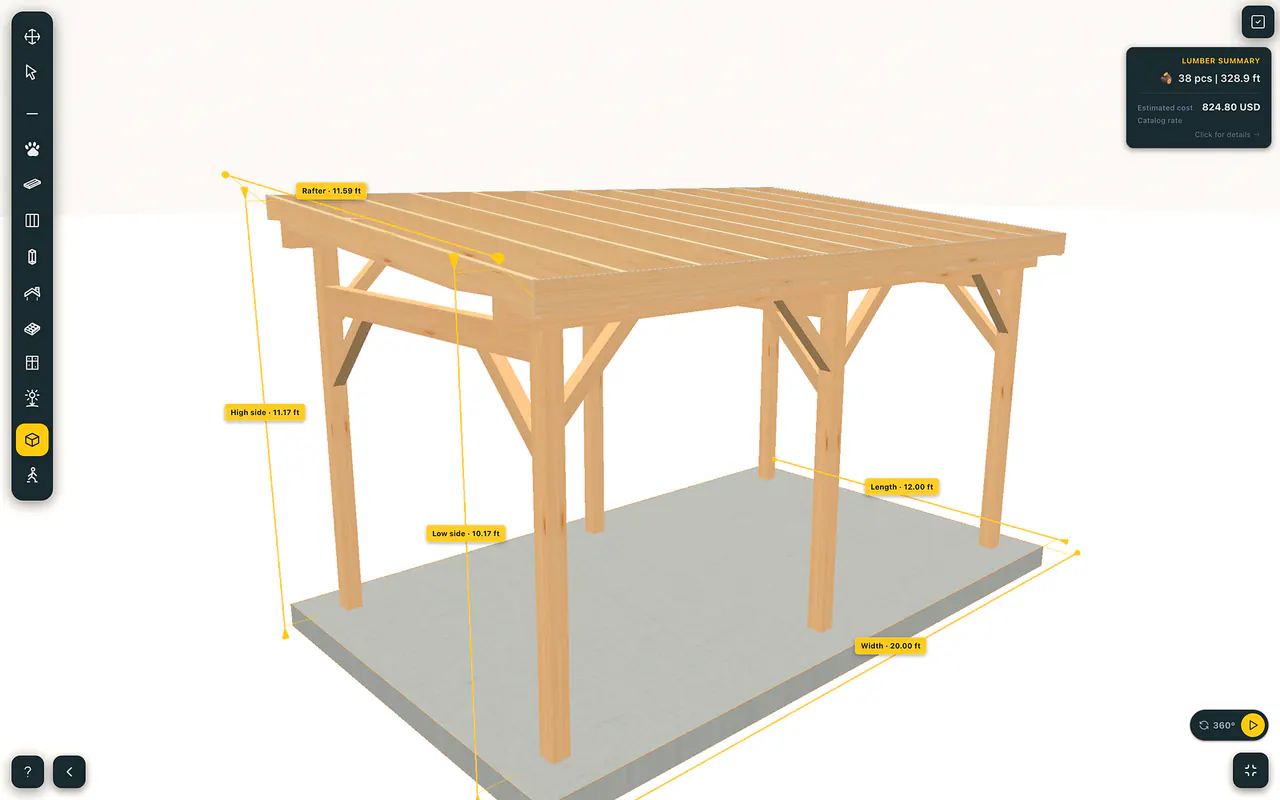 FrameVerk timber-frame canopy project with exact dimensions, timber total, and 3D controls